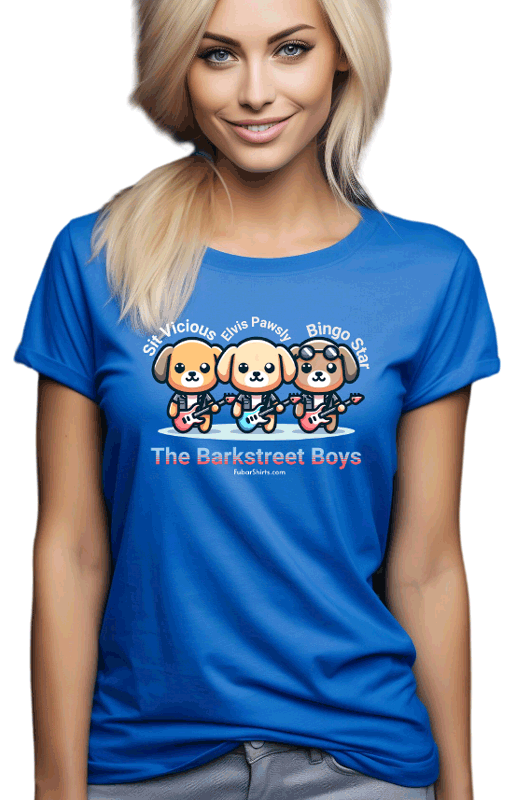 Kawaii T-shirt. Boy Band Puppy Shirt. Blue. The Barkstreet Boys. Sit Vicious , Elvis Pawsley and Bingo Star. Unisex. 
FubarShirts.com
