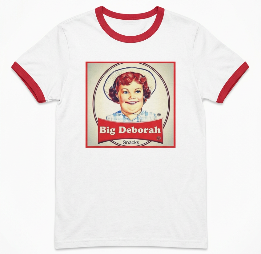 Big Deborah T-shirt. FubarShirts.com White tee. red trim. free shipping. unisex.