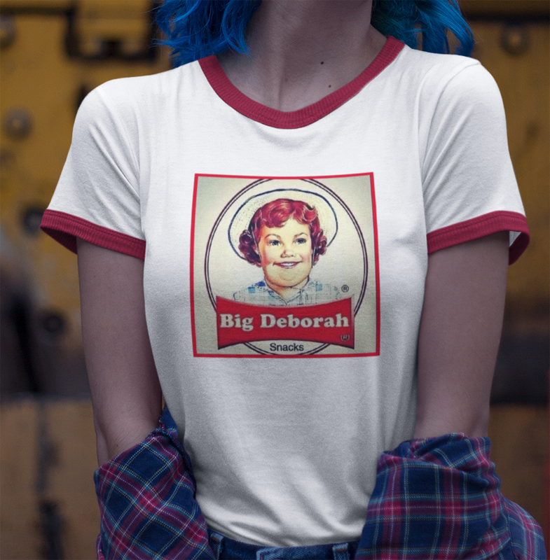 Big Deborah T-shirt. FubarShirts.com White tee. red trim.