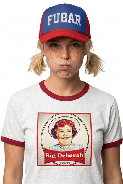Big Deborah Snacks t-shirt. Ringer style. FubarShirts.com. Unisex. Premium cotton.