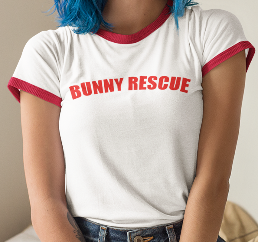 Bunny Rescue Penny Tee - FubarShirts.com - White tee / red trim.