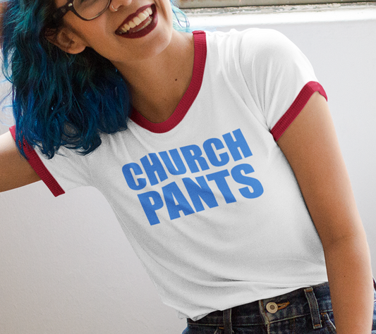 Church Pants Penny Tee shirt. White tee with red trim. Like the shirt worn on ICarly. FubarShirts.com