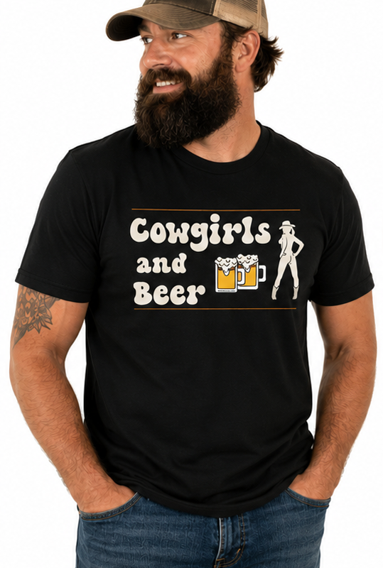 Cowgirls and Beer Black tee by FubarShirts.com. Unisex. Free Shipping. Premium Gildan Soft Style Cotton.