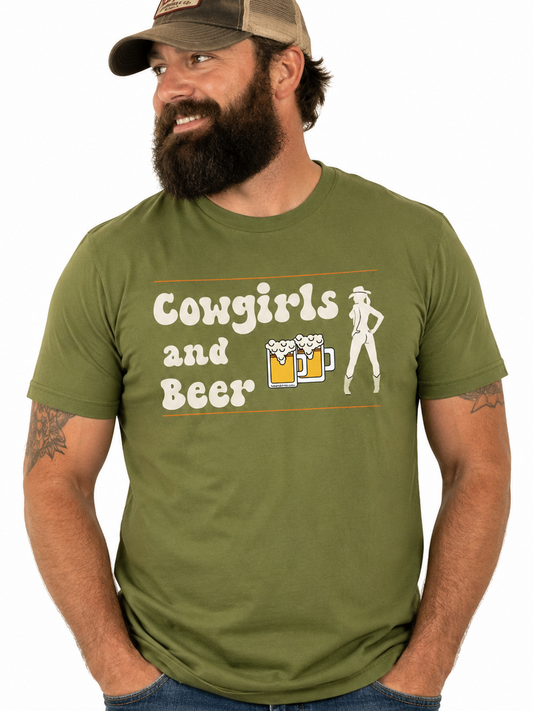 Cowgirls And Beer T-shirt. Army Green. Free Shipping. Unisex. Premium Gildan Soft Style Cotton. FubarShirts.com