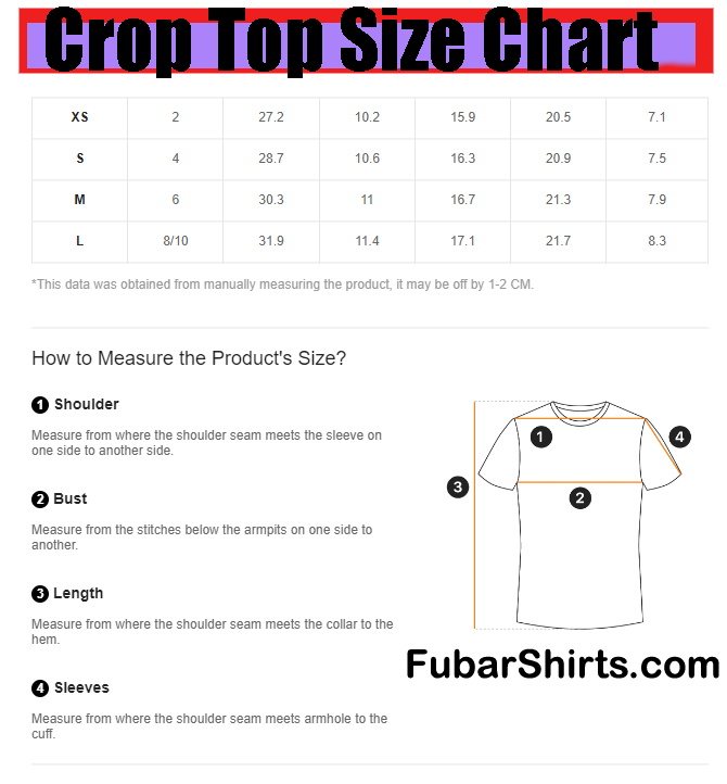 Size Chart for Crop Top Tee.
