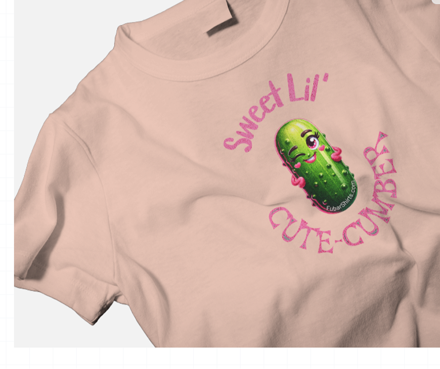 Sweet Lil' Cute-Cumber t-shirt. Peach color.  Free Shipping. FubarShirts.com - Closeup