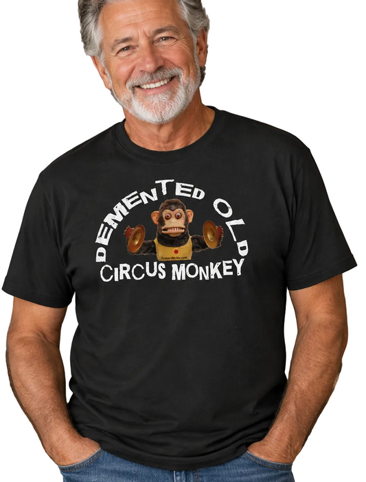 classic black Demented Old Circus Monkey t-shirt. Black tee.