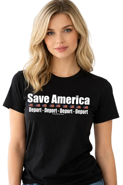 Save America Deport The Illegals t-shirt. Premium Gildan Soft Style t-shirt. Unisex. Black shirt. FubarShirts.com Free Shipping.