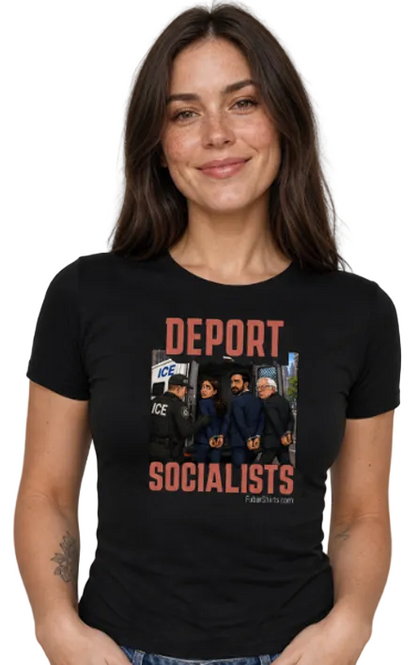 Deport Socialists T-shirt featuring AOC, Mayor Mamdani and Bernie Sanders being arrested by ICE. Free Shipping. Unisex.