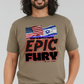 Young man wearing FubarShirts.com's Operation Epic Fury t-shirt. Kaki color. Unisex. Free Shipping. Premium High End Cotton. Gildan Soft Style.