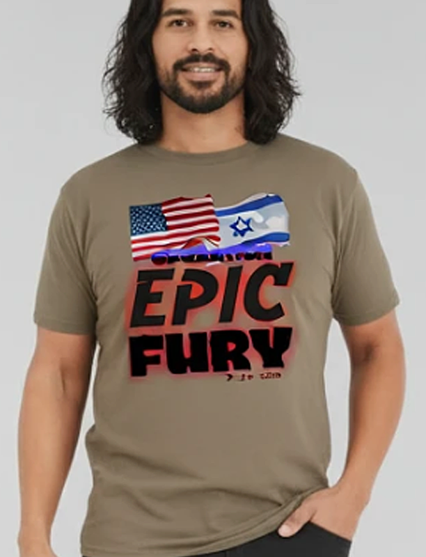 Young man wearing FubarShirts.com's Operation Epic Fury t-shirt. Kaki color. Unisex. Free Shipping. Premium High End Cotton. Gildan Soft Style.