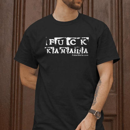 Fuck Kamala shirt. Worn by male model. Unisex tee. 100% cotton. Preshrunk. FubarShirts.com