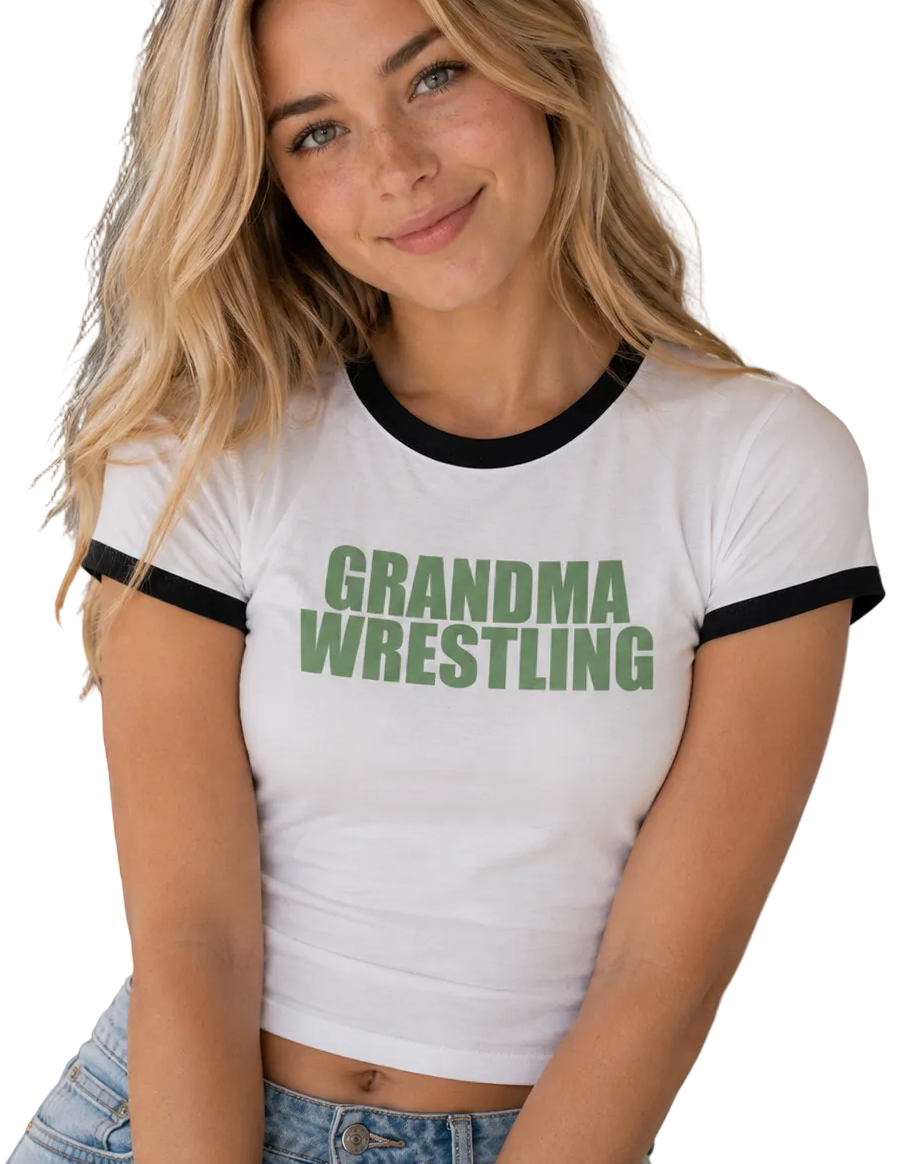 Grandma Wrestling Penny Tee. Unisex. Free Shipping. FubarShirts.com. White Shirt, Black hem, Green text font.