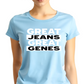 model wearing a light blue t-shirt with 'GREAT JEANS GREAT GENES' text.