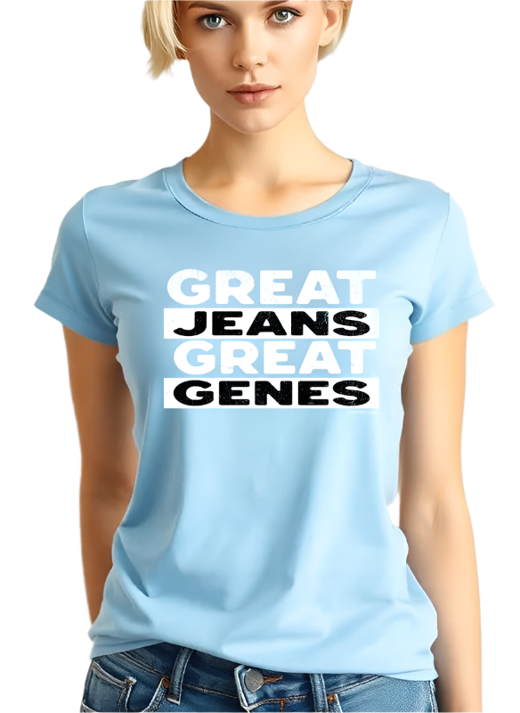model wearing a light blue t-shirt with 'GREAT JEANS GREAT GENES' text.