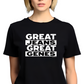 great genes model wearing a black t-shirt with 'GREAT JEANS GREAT GENES'.