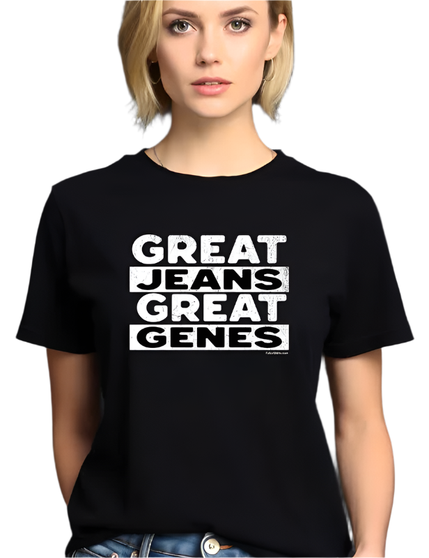 great genes model wearing a black t-shirt with 'GREAT JEANS GREAT GENES'.