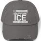 Gray cap with text 'I Support ICE Because I Love America' on a white background