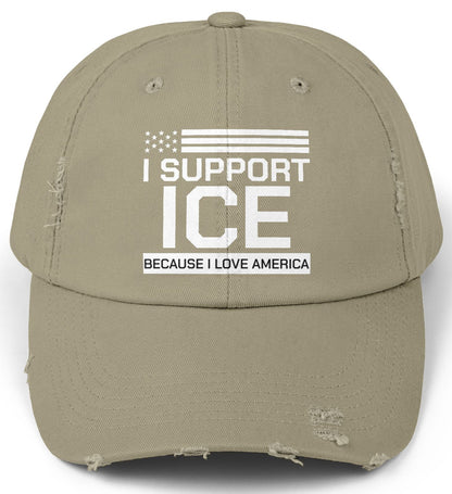 Light Olive cap with 'I Support ICE Because I Love America' text on a white background
