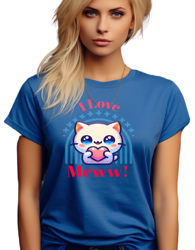 I Love Meww Kawaii Kitty Cat T-shirt. Royal Blue. Reguar Unisex fit. FubarShirts.com
