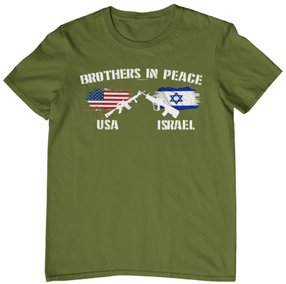 Israel USA Brothers In Peace shirt. fubarshirts.com army color.  Epic Fury Shirt. Unisex. Premium Gildan Soft Style shirt.