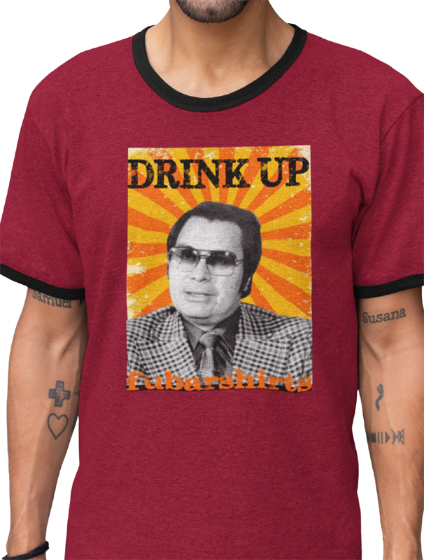 Jim Jones Drink Up T-shirt. Red Ringer Tee. Vintage Retro 70s style.