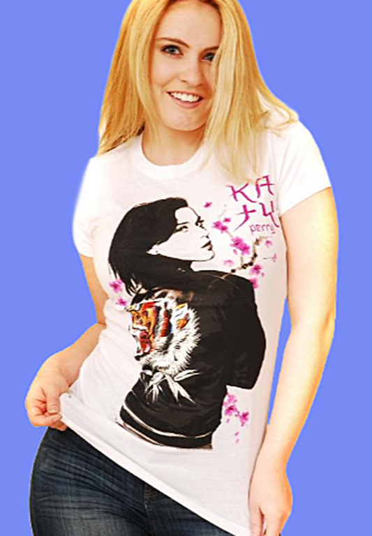 katy perry cherry blossom t-shirt. juniors fitted tee. Licensed.  White T-shirt. FubarShirts.com