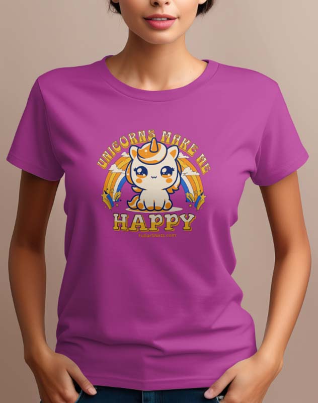 Unicorns Make Me Happy shirt. Pink. Unisex. FubarShirts.com. Kawaii tee.