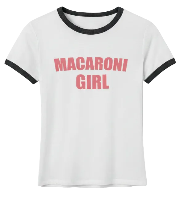 macaroni girl penny tee. white shirt w black hem. unisex. free shipping. fubarshirts.com