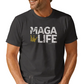 Front view of the MAGA Life T-Shirt, a premium black Trump swag lifestyle shirt with bold white and red graphic text.