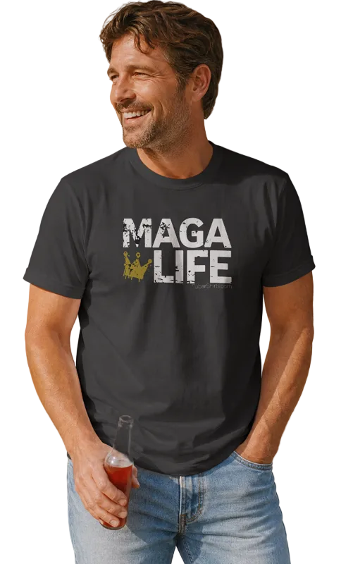 Front view of the MAGA Life T-Shirt, a premium black Trump swag lifestyle shirt with bold white and red graphic text.