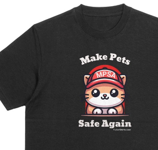 Make Pets Safe Again T-shirt. MAGA Style Kitty wearing red hat. Springfield Ohio. Black shirt.