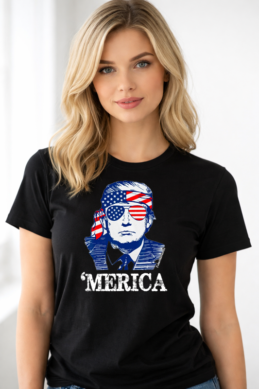Model wearing FubarShirts.com Merica t-shirt featuring Donald Trump. Free Shipping. Unisex. Black shirt. Gildan Soft Style cotton.