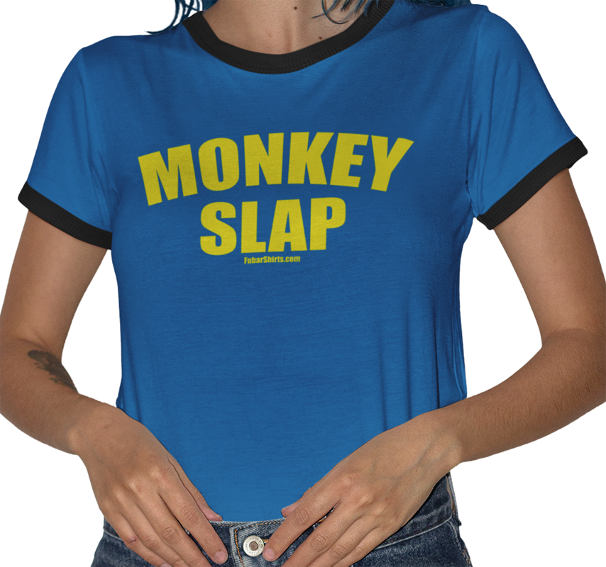 Monkey Slap Penny tee - FubarShirts.com - Blue shirt.