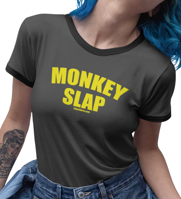 Monkey Slap Penny Tee - FubarShirts.com - Charcoal colored tee.