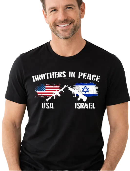 Operation Epic Fury t-shirt. USA Israel Brothers in Peace t-shirt. Black. Premium Gildan Soft Style t-shirt. Unisex. Free Shipping. FubarShirts.com