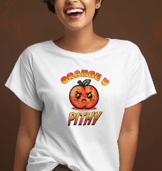 orange u pithy t-shirt. white shirt. funny food t-shirts. food with attitude shirts. Free Shipping.