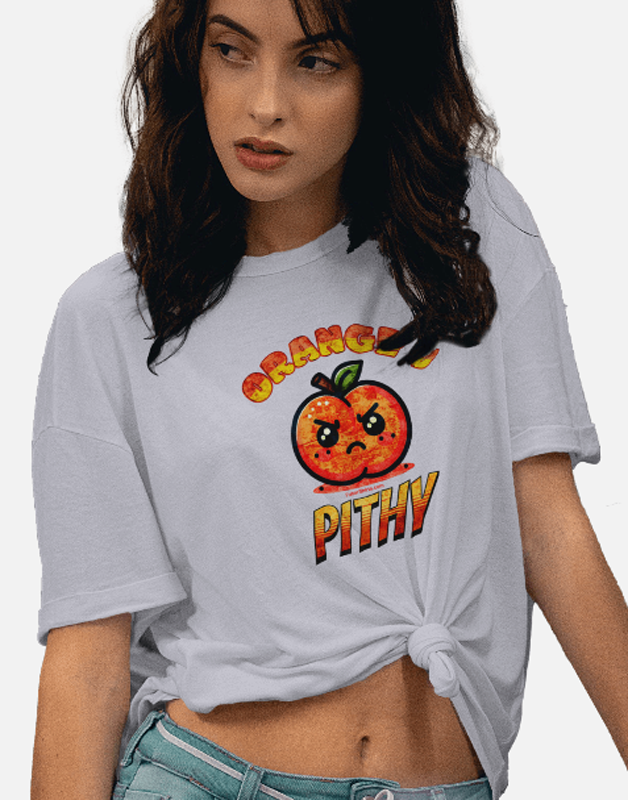 orange u pithy t-shirt. grey shirt. funny food t-shirts. food with attitude shirts. Free Shipping.