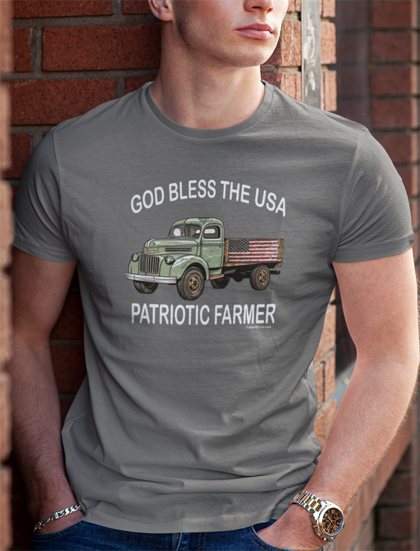 Patriotic Farmer shirt. God Bless The USA. charcoal colored tee.