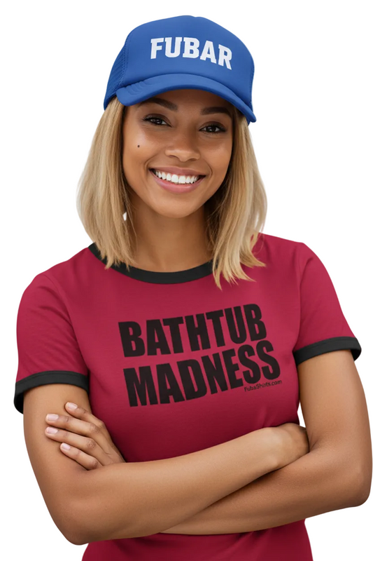 Penny Tee - Bathtub Madness - Red w black trim - Fubarshirts.com - free shipping - unisex.