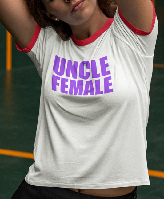 Uncle Female Penny Tee shirt. White tee, red trim. FubarShirts.com