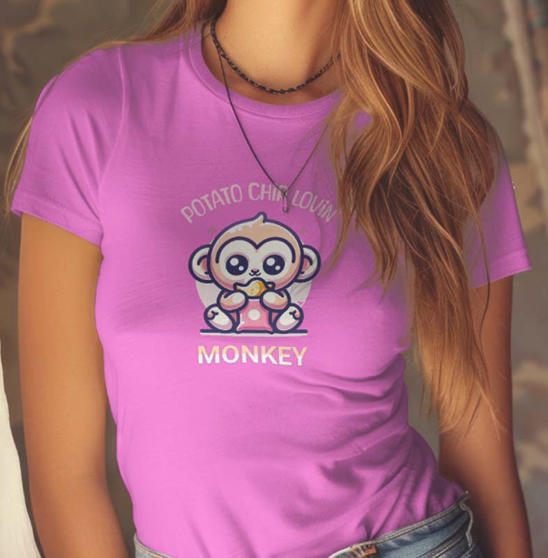 Pink Kawaii t-shirt. Potato Chip Lovin' Monkey. FubarShirts.com