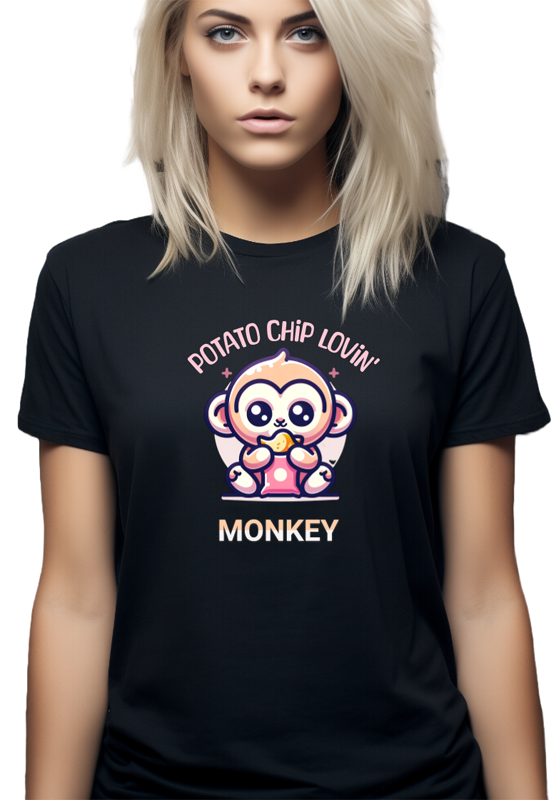 Potato Chip Lovin' Monkey. Fitted Tee. Black. Women's Junior Kawaii shirt.
