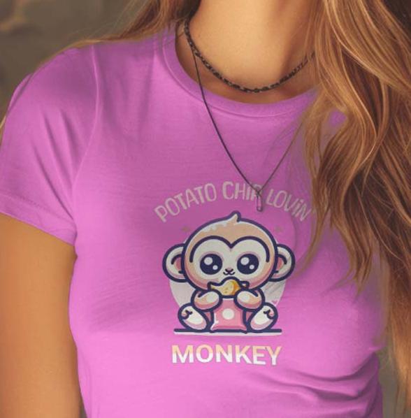 Potato Chip Lovin' Monkey Kawaii t-shirt. Pink. Fitted. Juniors Fit. FubarShirts.com