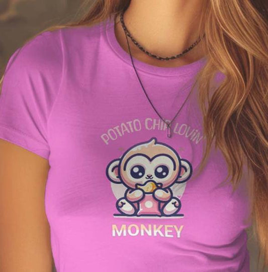 Potato Chip Lovin' Monkey Kawaii t-shirt. Pink. Fitted. Juniors Fit. FubarShirts.com