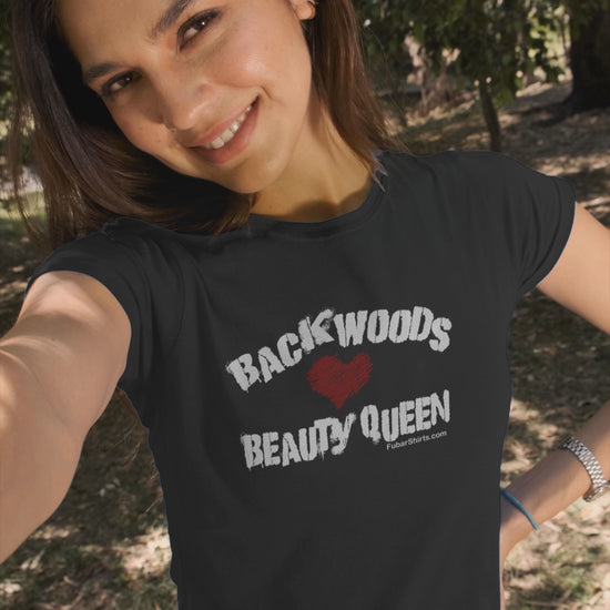 Pretty Southern Girl wearing our Backwoods Beauty Queen t-shirt.