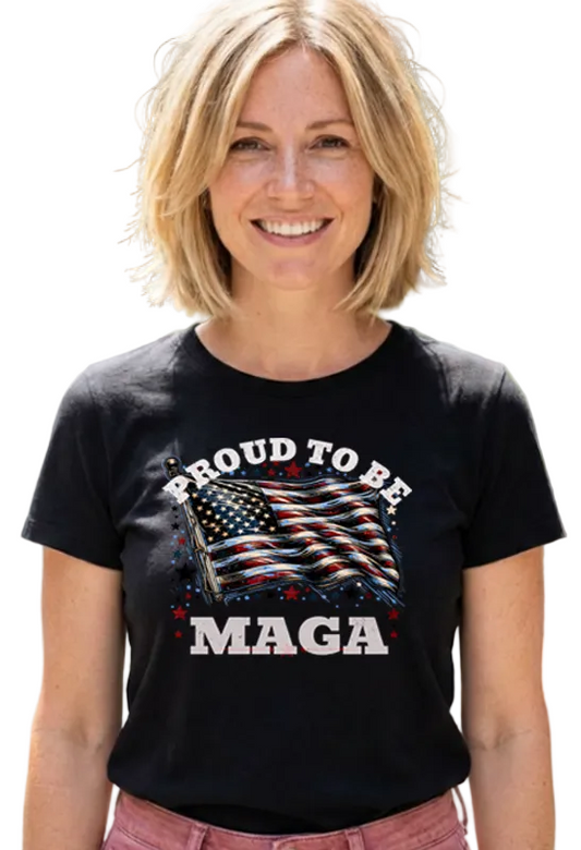 Proud To Be MAGA T-shirt. Unisex. Black. Free Shipping. Premium Gildan Soft Style brand shirt. FubarShirts.com.