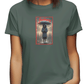 Sadness Girl t-shirt. Army green tee. Girl blank stare as she stands under umbrella in pouring rain. Unisex. Free Shipping. FubarShirts.com