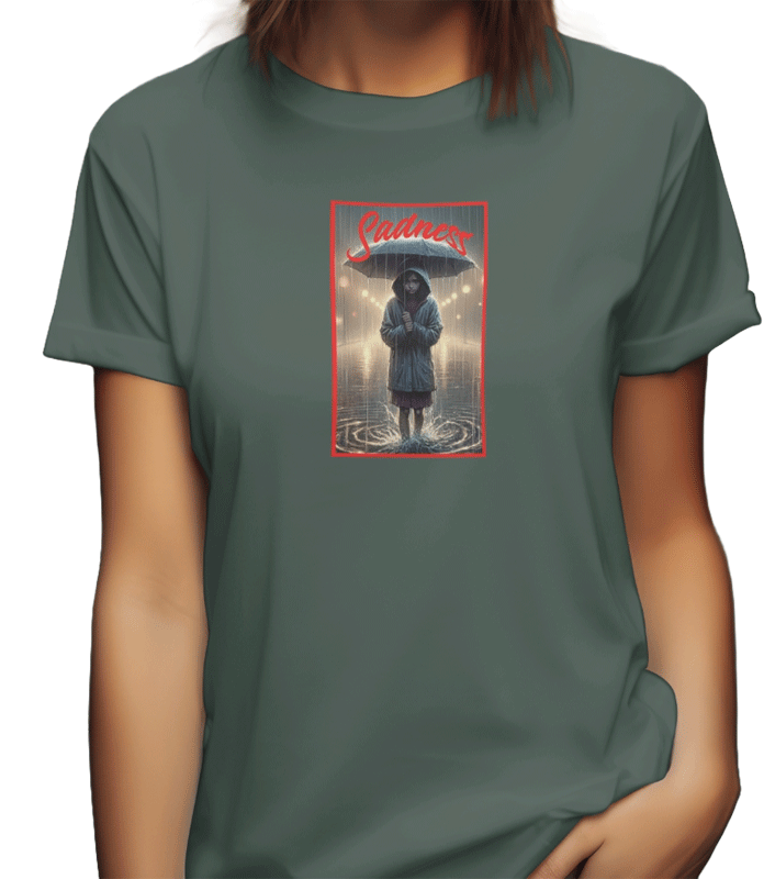 Sadness Girl t-shirt. Army green tee. Girl blank stare as she stands under umbrella in pouring rain. Unisex. Free Shipping. FubarShirts.com