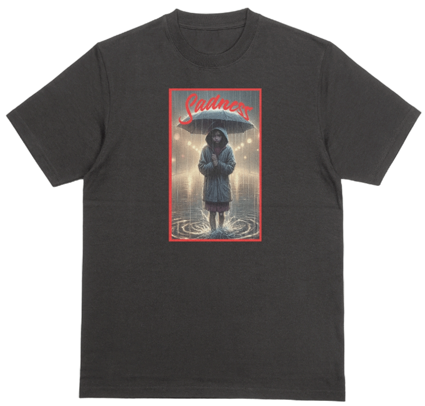 Sadness Girl t-shirt. black tee. Girl blank stare as she stands under umbrella in pouring rain.  Unisex. Free Shipping. FubarShirts.com